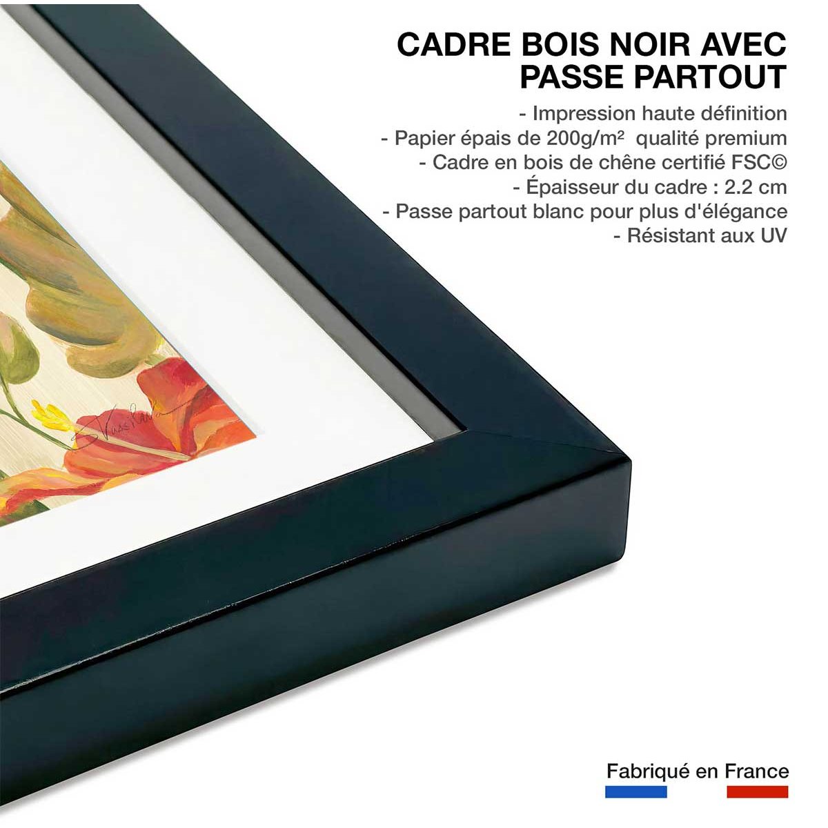 Poster Flamant rose tropical affiche + cadre en bois - noir, HEXOA