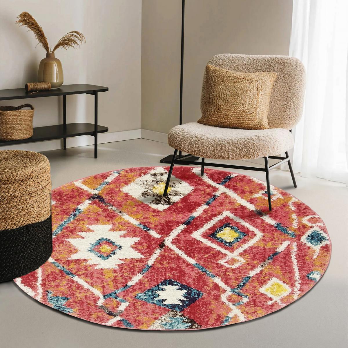Tapis berbère tissé motifs tribaux LYN5 OURIKA B bleu, jaune, rose, orange, blanc, UN AMOUR DE TAPIS
