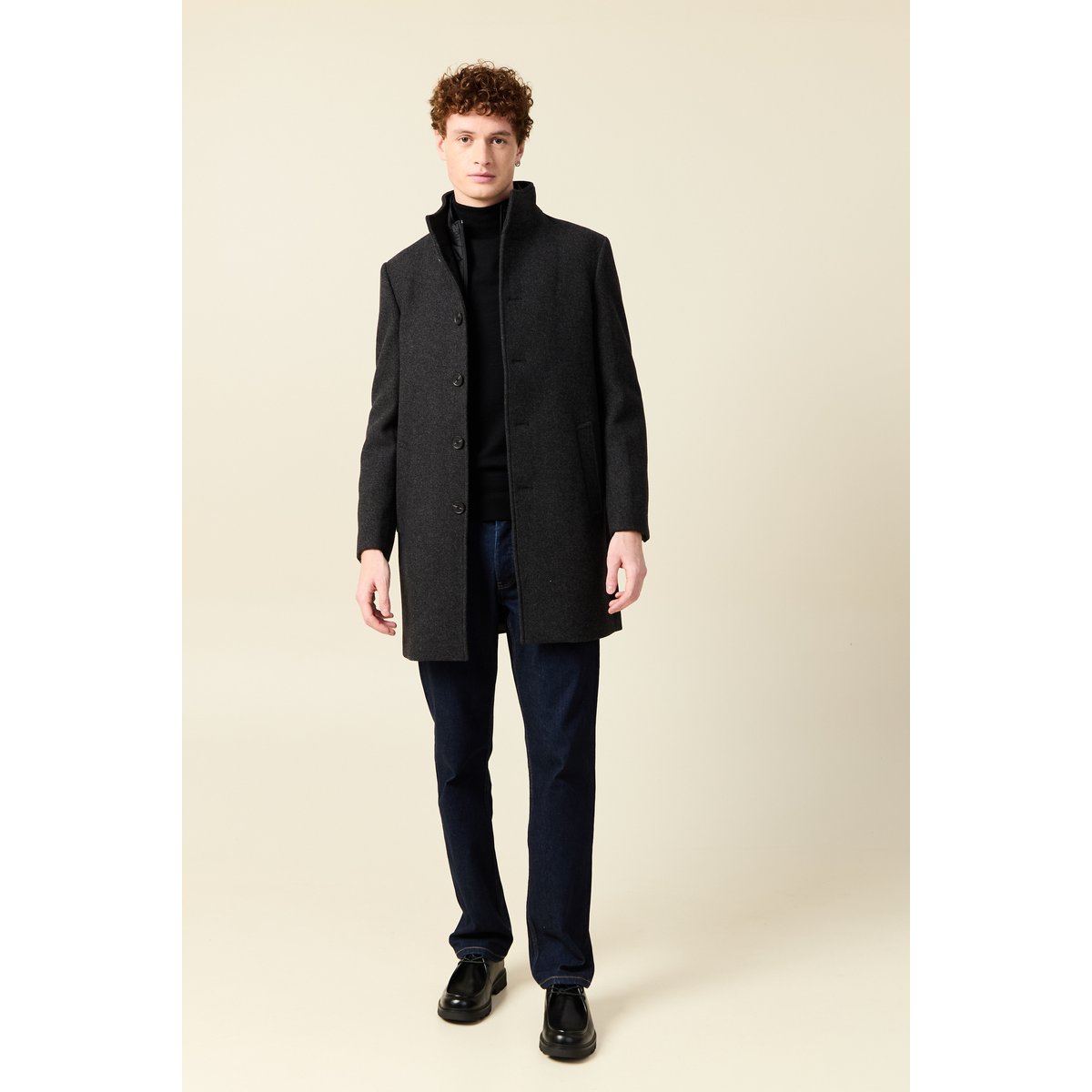 Manteau droit long col montant noir, BONOBO