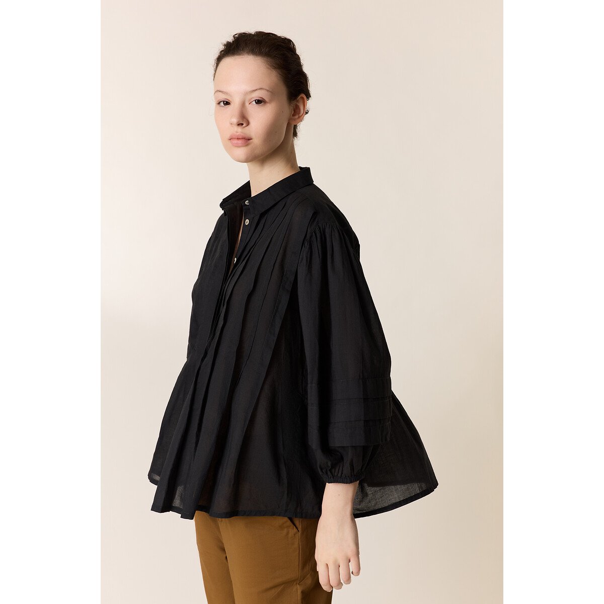 Chemise plissée manches 3/4, CHIMI carbone, LEON & HARPER
