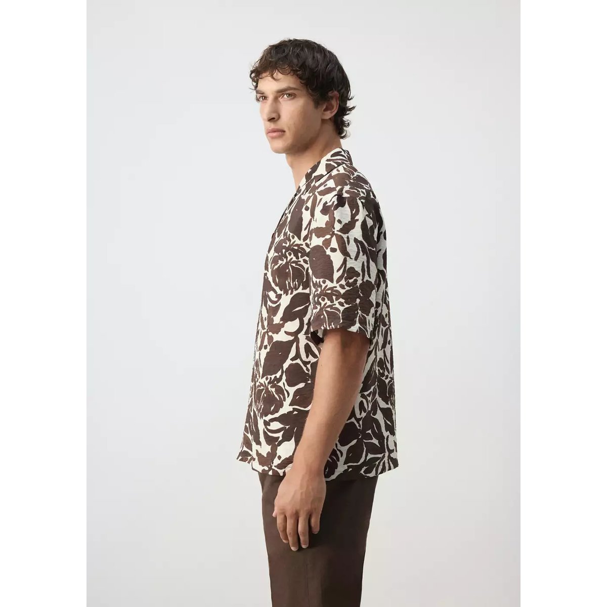Chemise coton imprimée col bowling marron, MANGO MAN