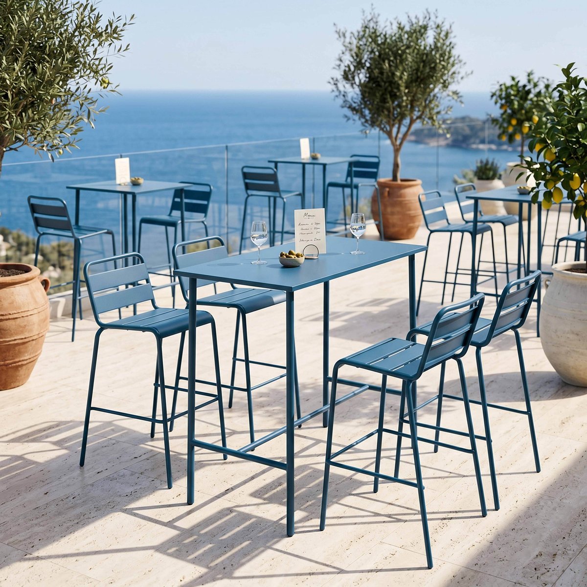 Table de jardin haute en acier, PALAVAS bleu pacific, OVIALA