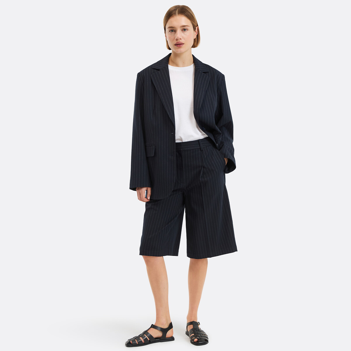 Striped Pleated Bermuda Shorts navy/off-white striped, LA REDOUTE COLLECTIONS