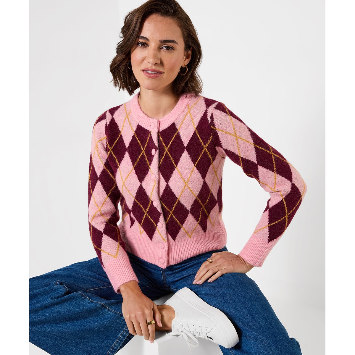 Superbe Cardigan Motif Argyle rose, JOE BROWNS