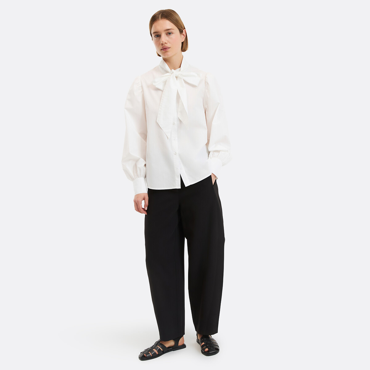 Chemise lavallière, manches longues, en coton blanc, LA REDOUTE COLLECTIONS
