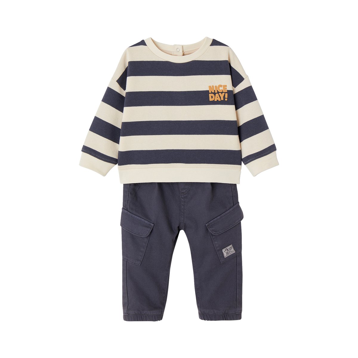 Ensemble sweat rayé + pantalon battle bébé DENIM FABRIC bleu ardoise, VERTBAUDET