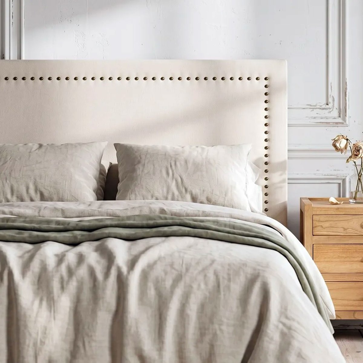 Tête de lit classique tissu beige clouté 165x7x130cm beige, WADIGA