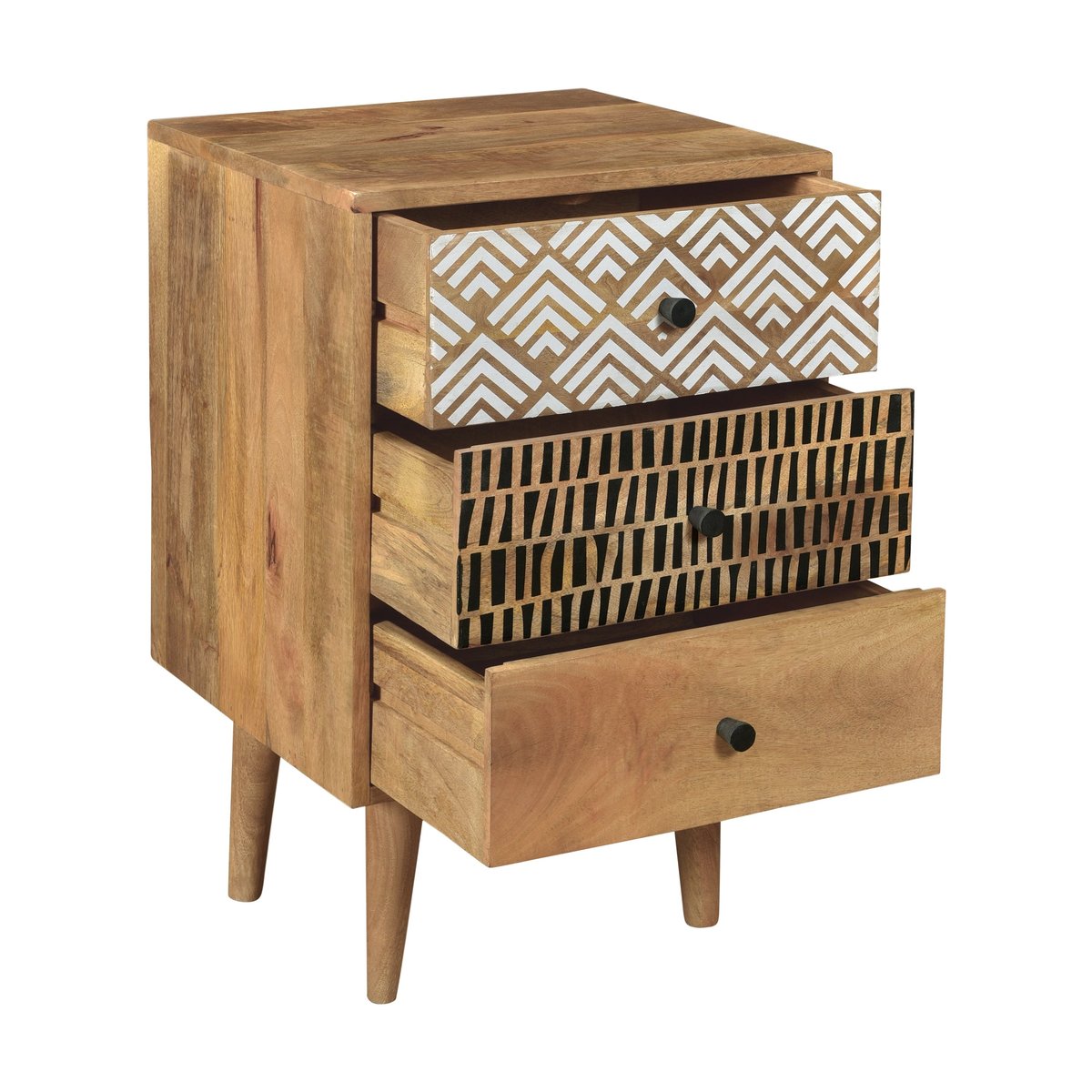 Table de chevet en bois, 3 tiroirs à motifs - TALI bois clair, MAISON PAVANE