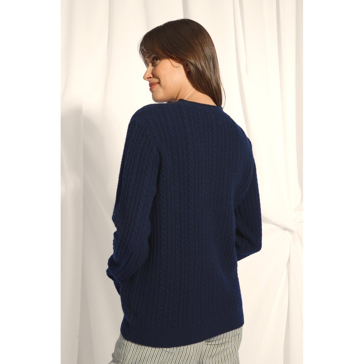 Pull Col Rond 4 Fils Navy Sarah bleu foncé, JUST CASHMERE