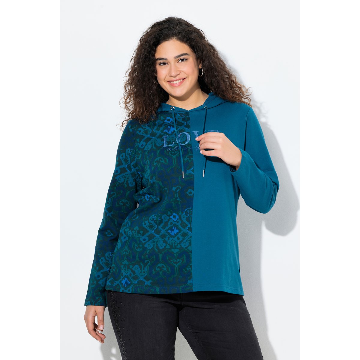 Sweat-shirt à capuche et manches longues pétrol, ULLA POPKEN