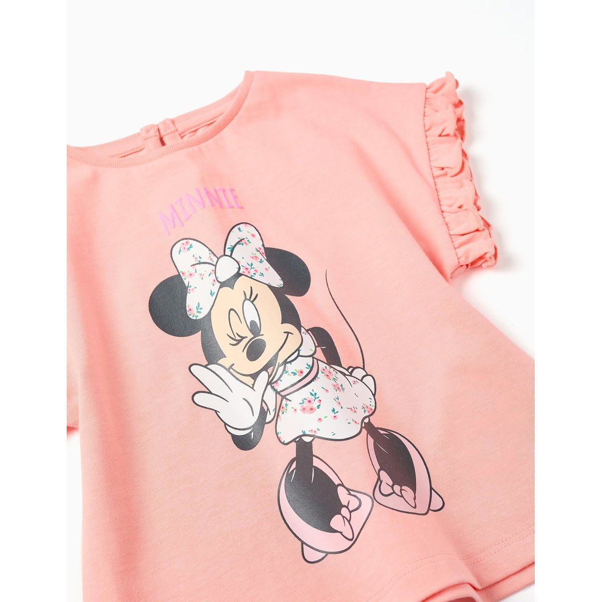 T-shirt en coton avec imprimé Minnie et volants saumon, ZIPPY