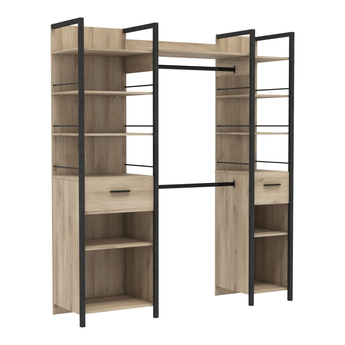 Dressing ouvert avec étagères et tiroirs bois clair, TERRE DE NUIT