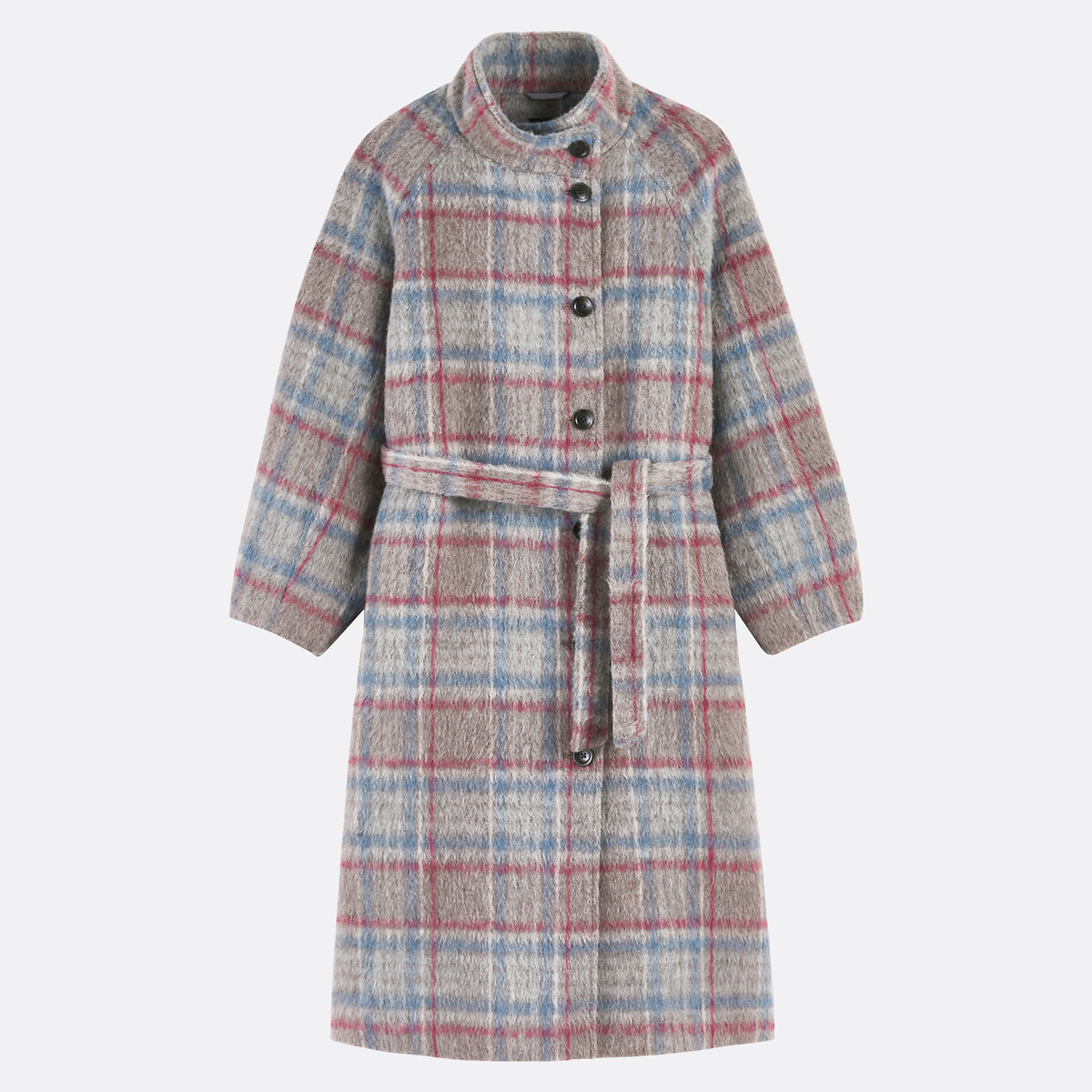 Checked Long Winter Coat with Tie-Waist blue/grey checks, LA REDOUTE COLLECTIONS