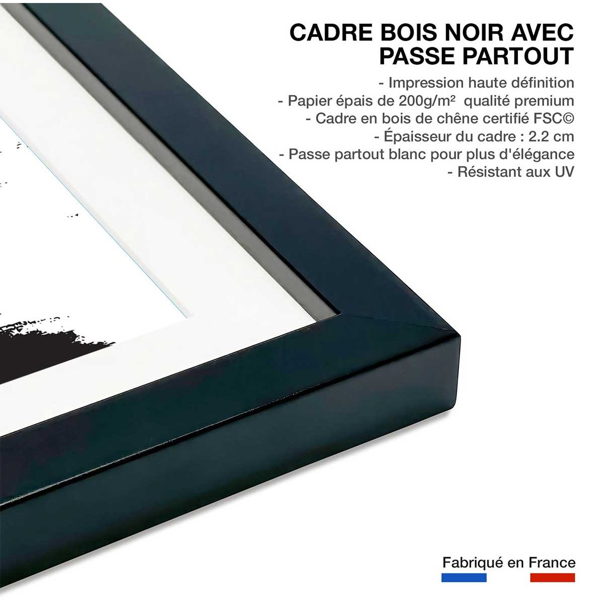 Poster surfing les landes affiche + cadre en bois - noir, HEXOA