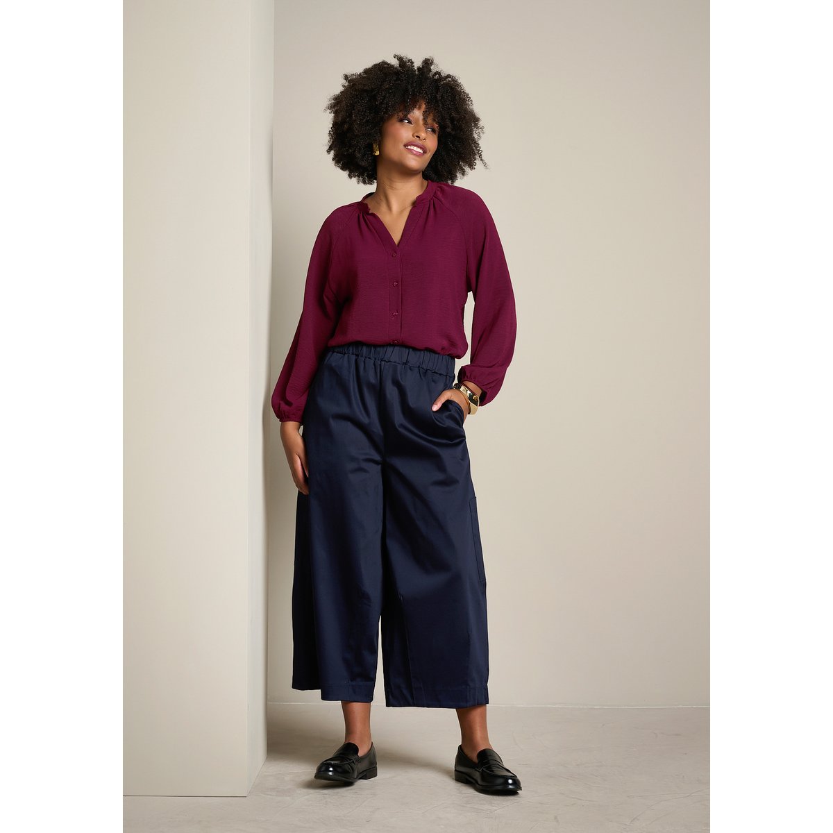 Blouse fluide à col mao bordeaux wine, LOLALIZA