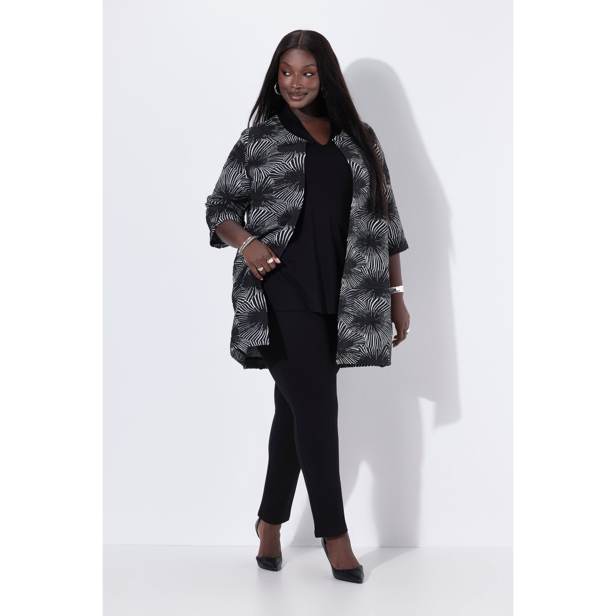 Veste jacquard à col rond et manches 3/4 noir, ULLA POPKEN