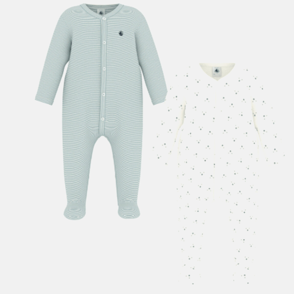 Lot de 2 pyjamas en coton, imprimés têtes d'ours et rayures blanc + vert, PETIT BATEAU