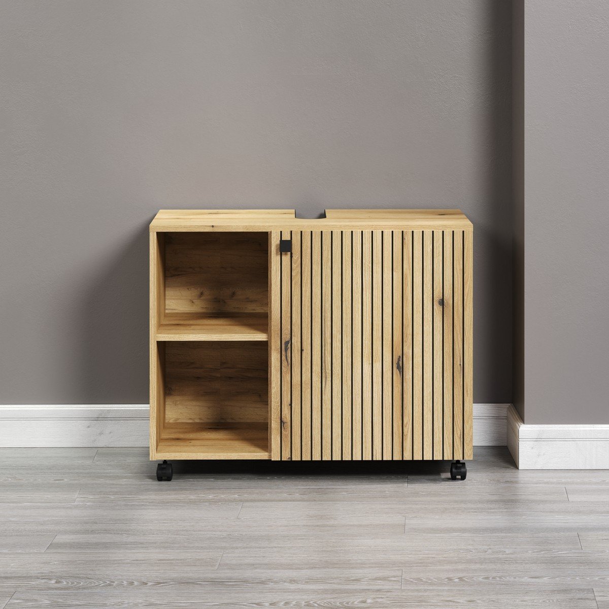 Meuble sous vasque sur roulettes 1 porte et 2 niches L80 cm - PUREBLISS chêne blond et noir mat, CALICOSY