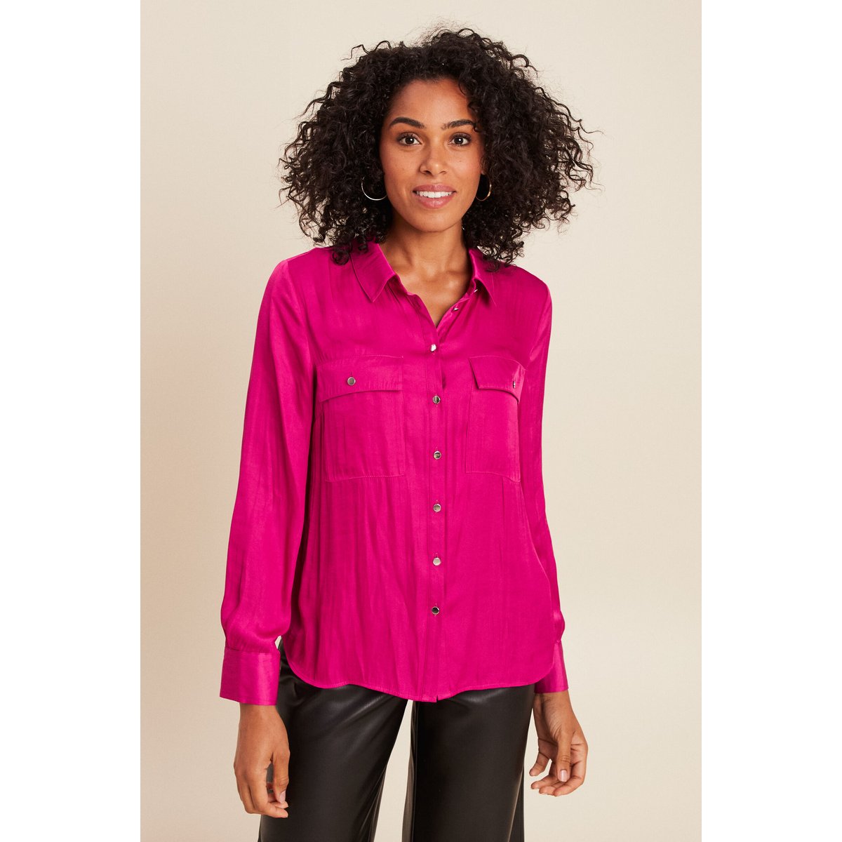 Chemise satinée manches longues rose fushia, BREAL