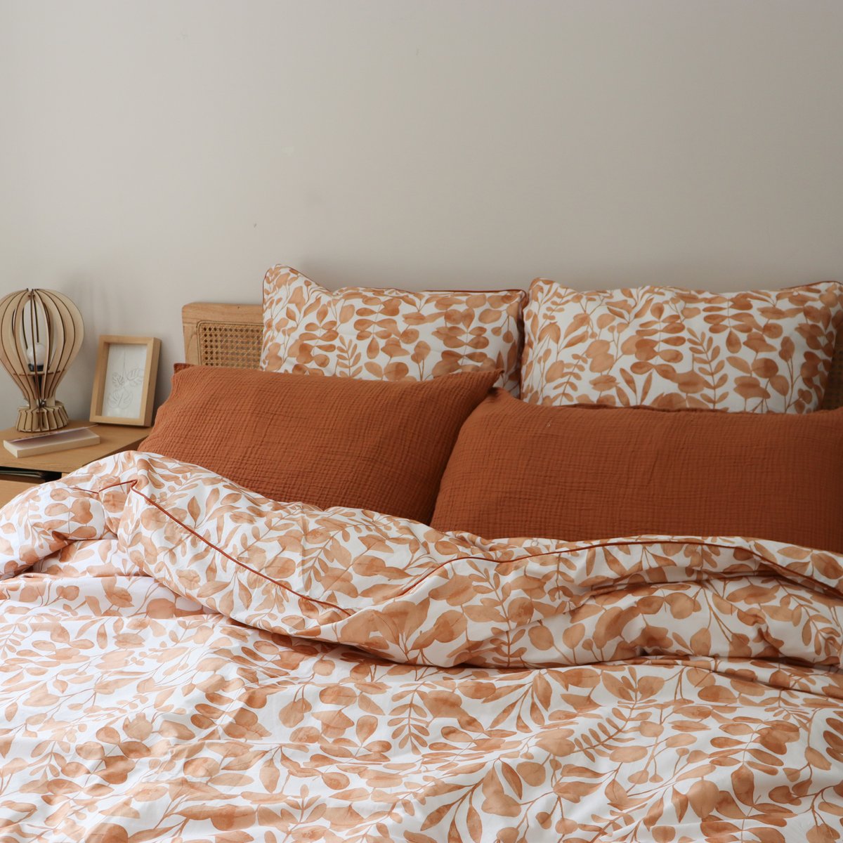 Housse de couette en percale de coton lavé, HERBIER terre cuite, BLANC CERISE