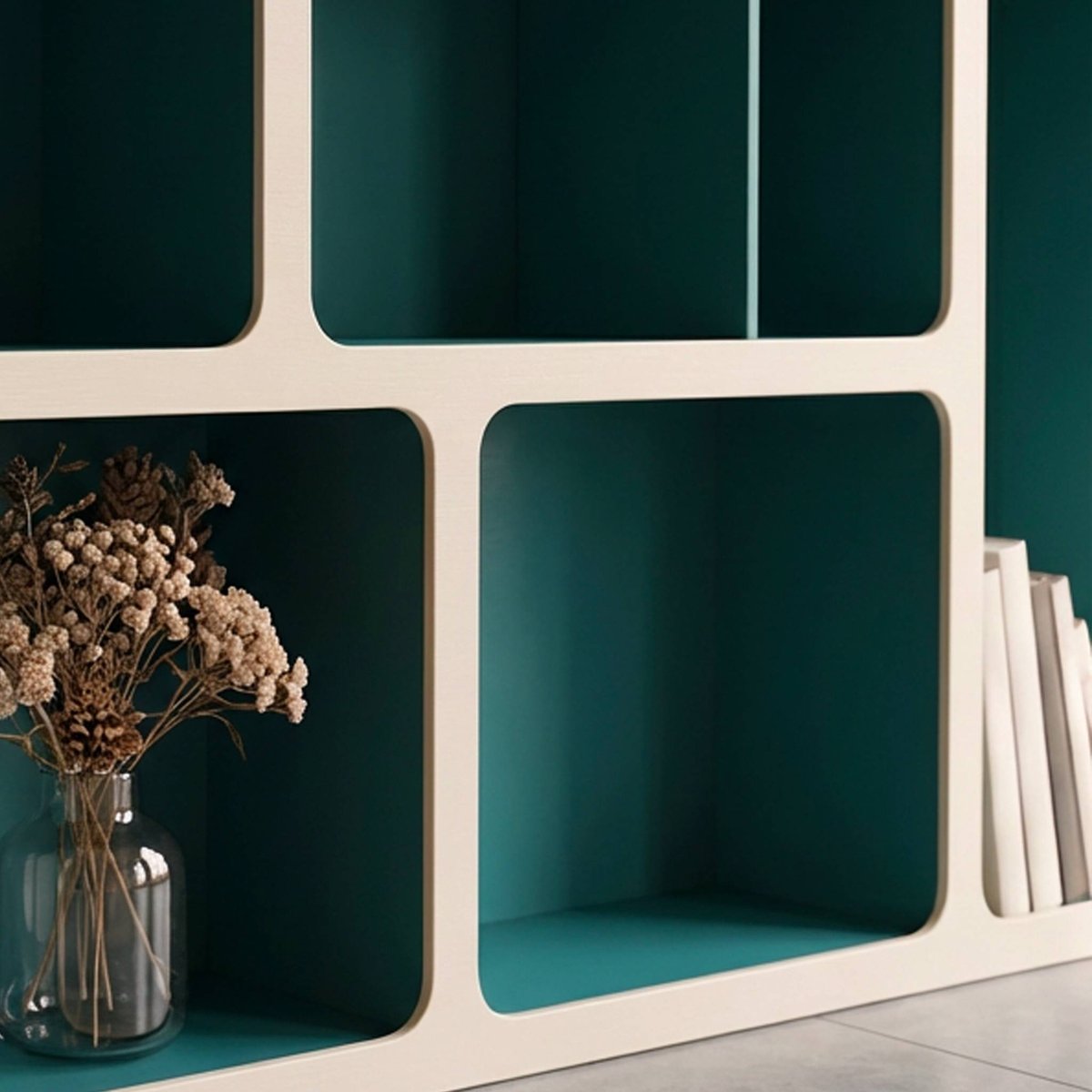 Etagère bibliothèque organique décor bois bicolore 8 compartiments  AGATHA bleu canard, SWEEEK