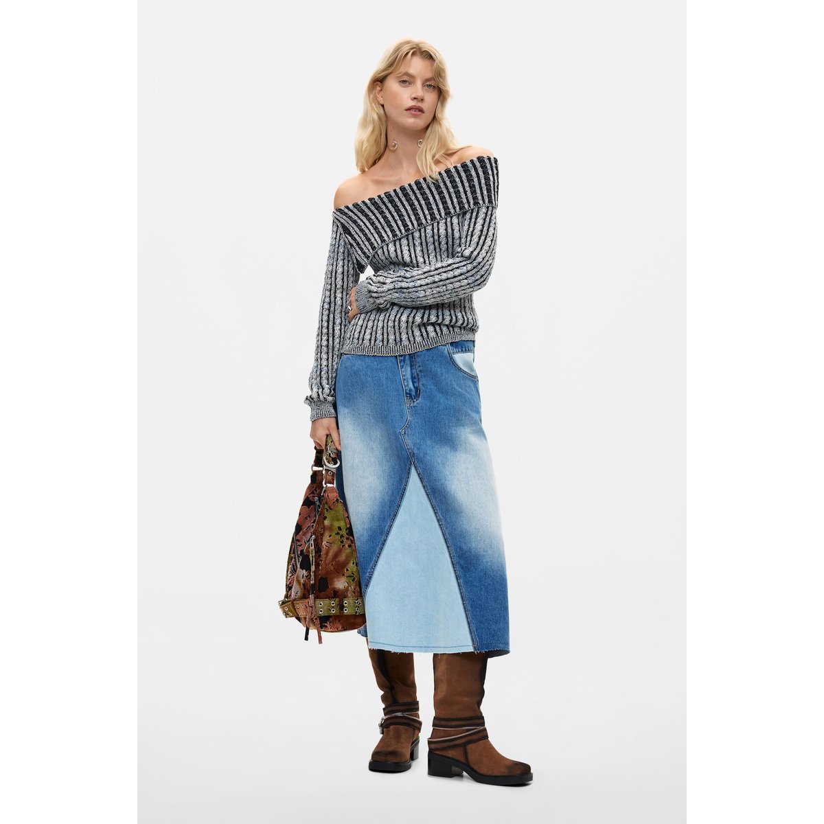 Pullover à col bateau côtelé gris, DESIGUAL