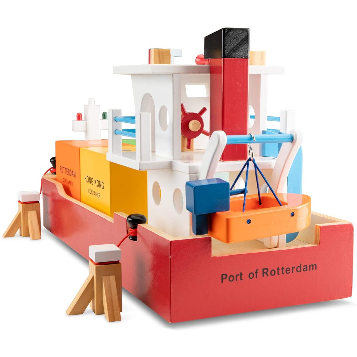 Bateau-container avec 4 containers rouge, NEW CLASSIC TOYS