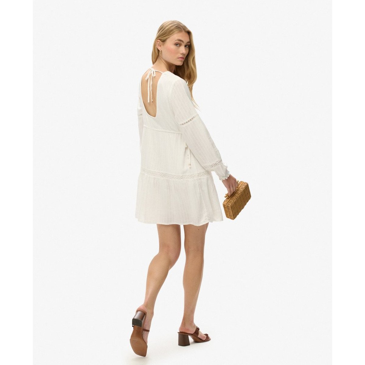 Robe courte à manches longues et volants Ibiza blanc cassé, SUPERDRY