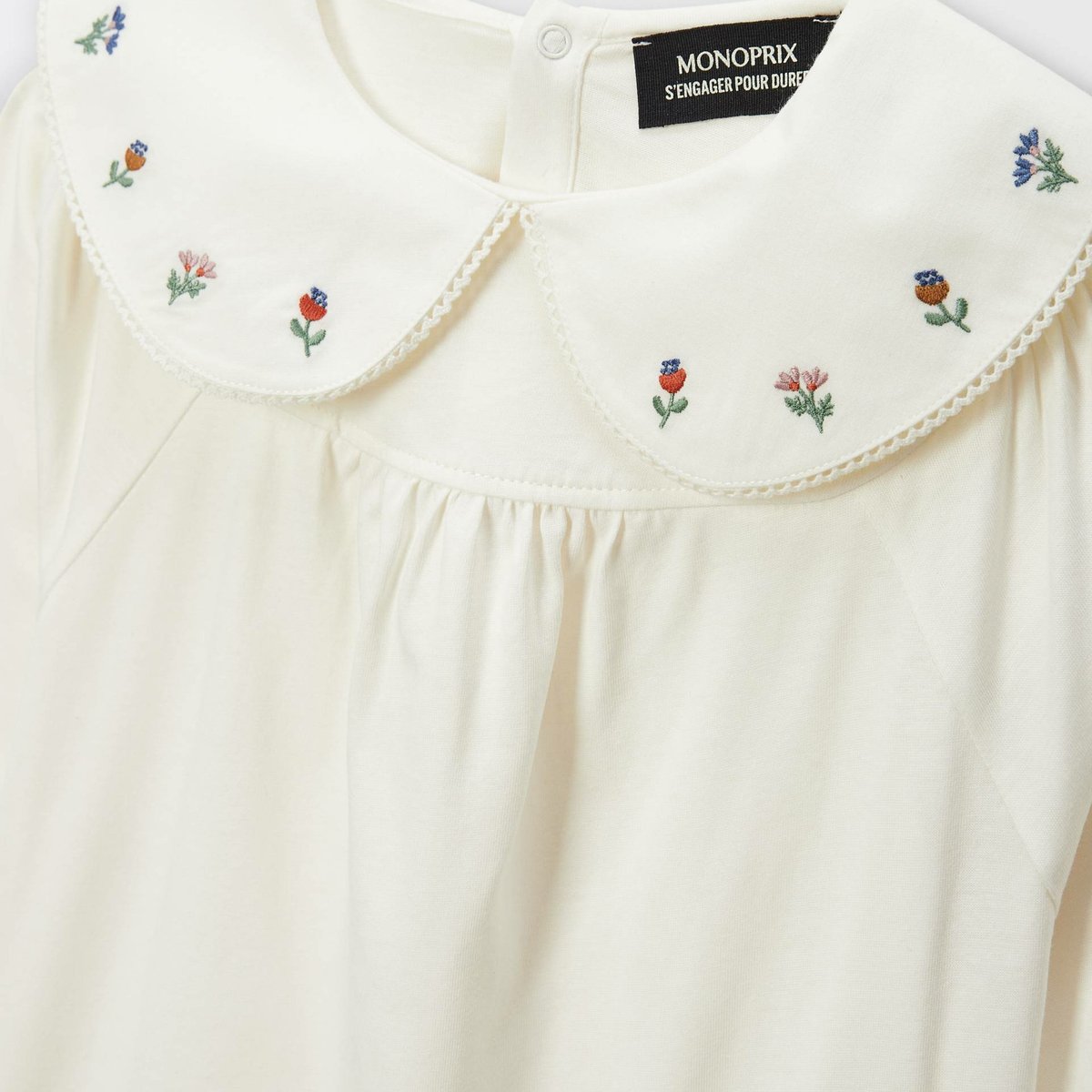 T-shirt à col brodé en coton BIO GOTS amaretti, MONOPRIX