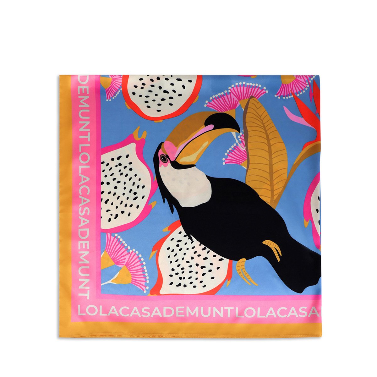 Foulard en satin imprimé tropical à toucans ciel, LOLA CASADEMUNT