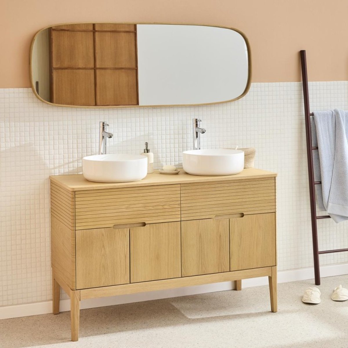 Ensemble meuble double vasque 120cm + vasque + robinet + miroir ALASKA chêne - mdf - mat, MOB IN