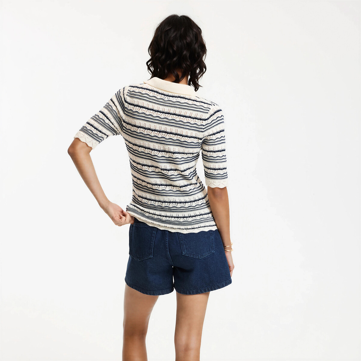 Maglione collo a polo, in maglia fine rigato nero/écru, LA REDOUTE COLLECTIONS