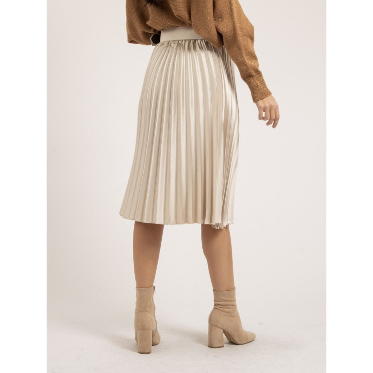Jupe Mi-longue Plissée Satin Et Ceinture Xolia beige, DONA LISA