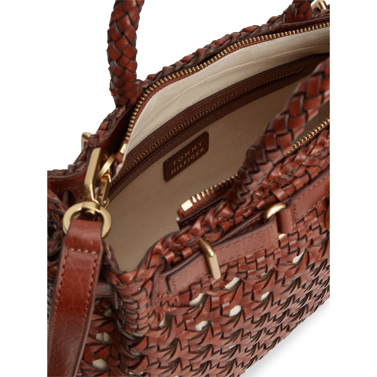 Sac mini tote en cuir de vachette tressé camel, TOMMY HILFIGER