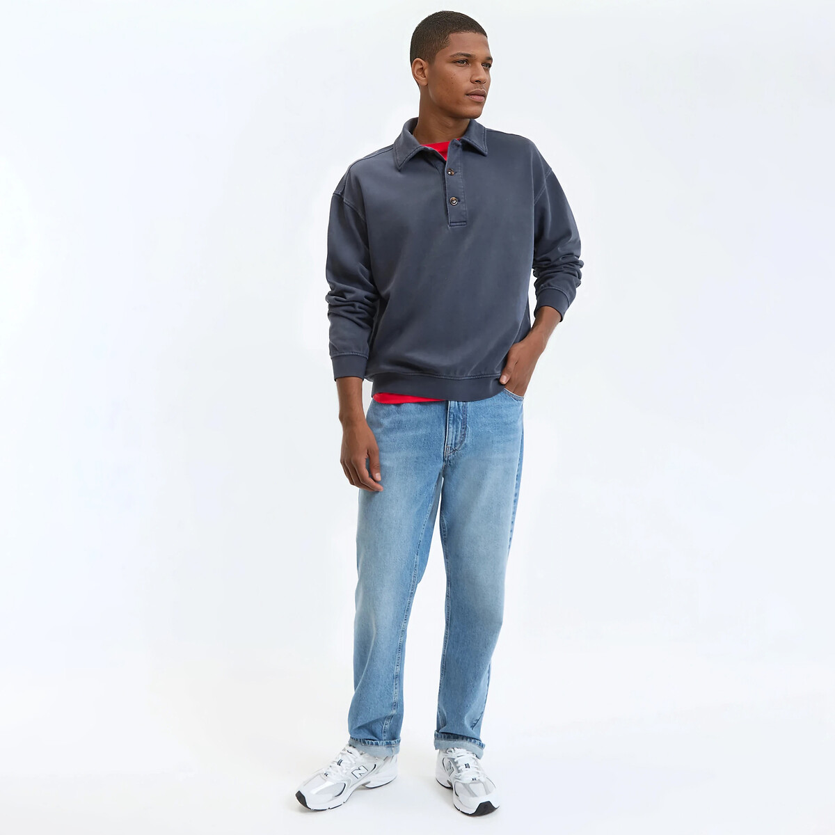 Stonewashed boxy sweatshirt met polokraag marineblauw, LA REDOUTE COLLECTIONS