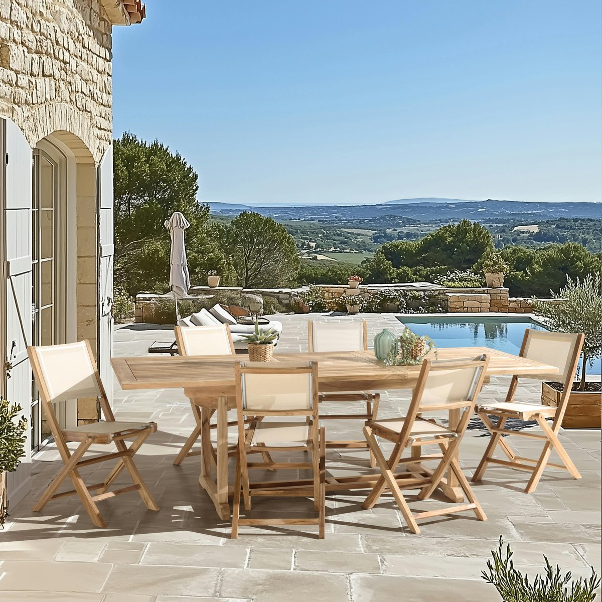 Ensemble de repas table rectangulaire 6 chaises en teck ALERIA bois naturel, PIER IMPORT