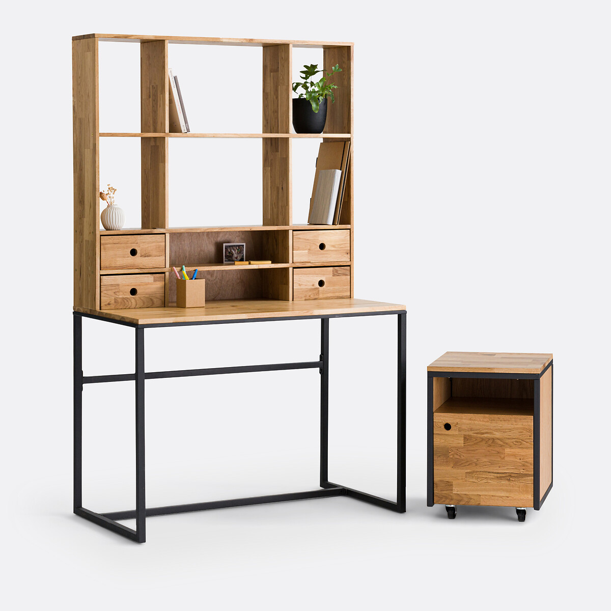 Bureau chêne plaqué métal acier avec réhausse Hiba chêne/noir, LA REDOUTE INTERIEURS