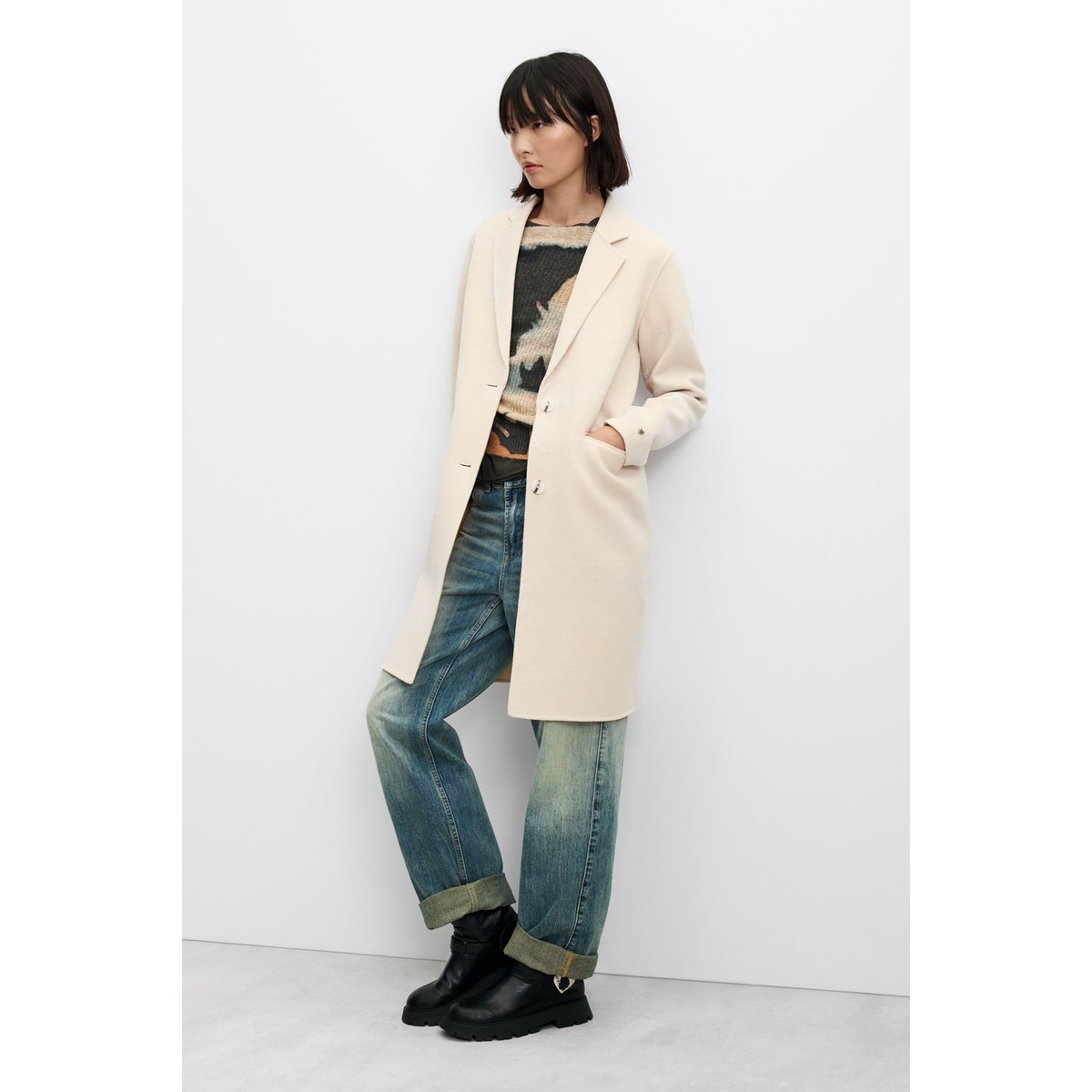 manteau regular imprimé en laine blanc, DESIGUAL