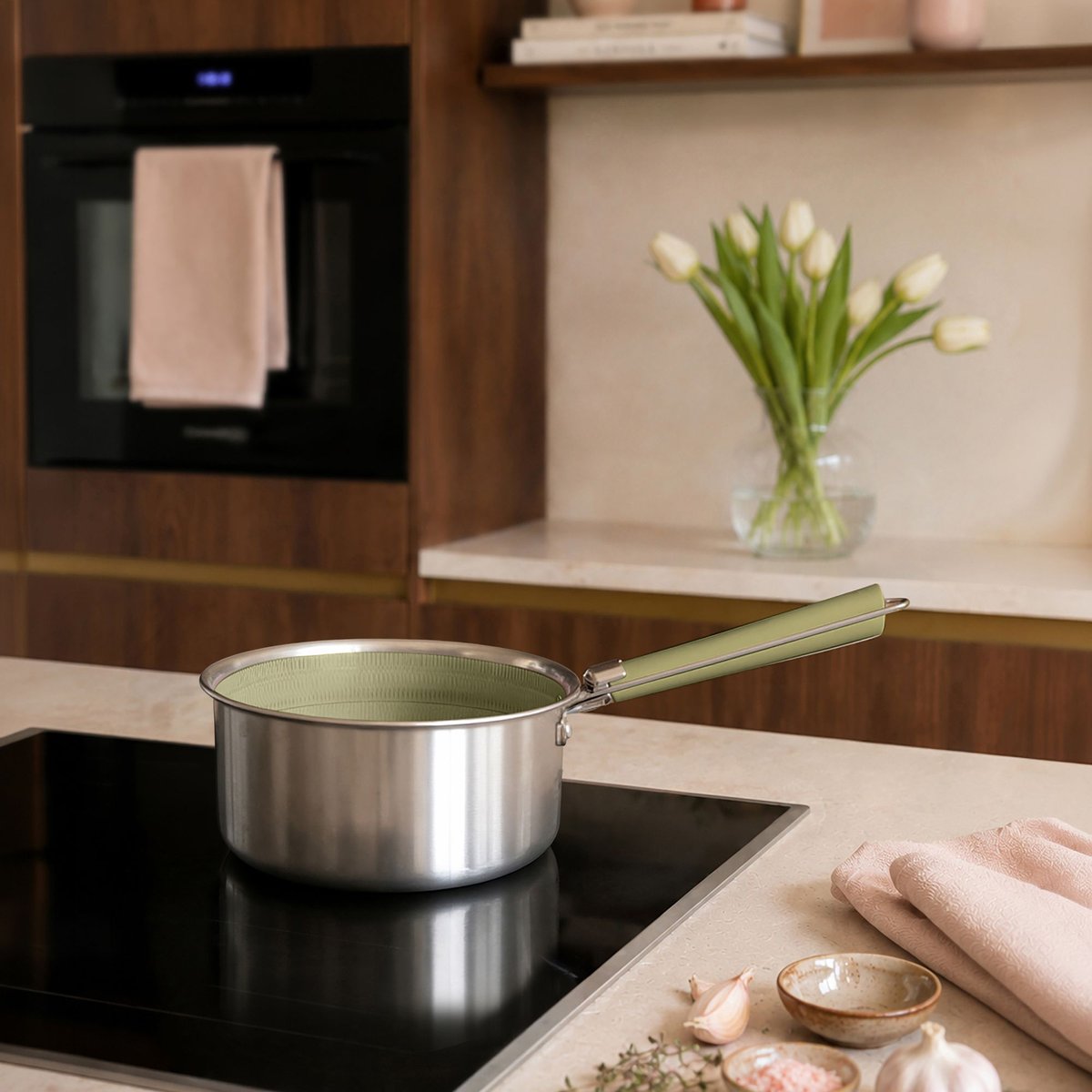 Casserole 18cm en acier inoxydable, AGLAE inox-vert, MENASTYL
