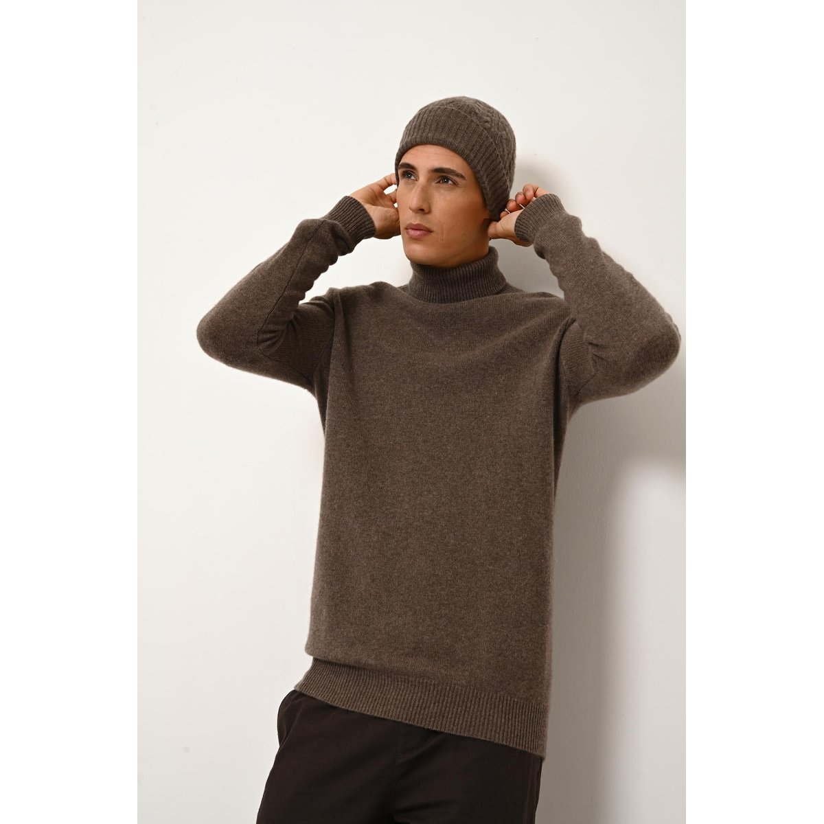 Pull Col Roulé 4 Fils Taupe Chiné Sacha marron, JUST CASHMERE