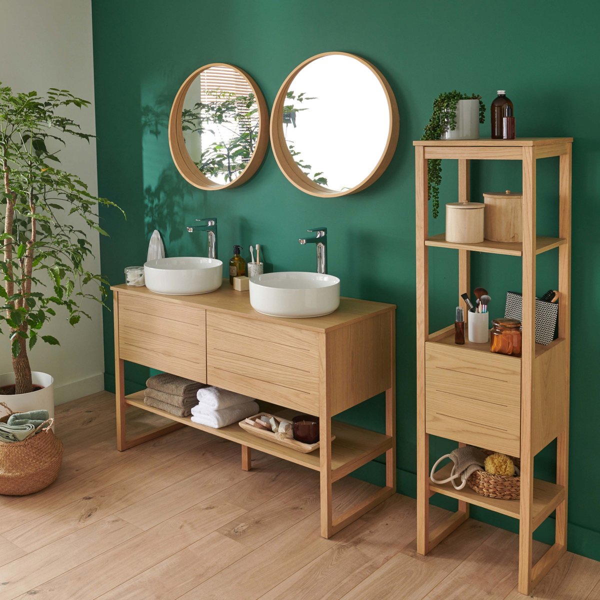 Meuble double +vasque +miroir +colonne ATOLL bois clair, MOB IN