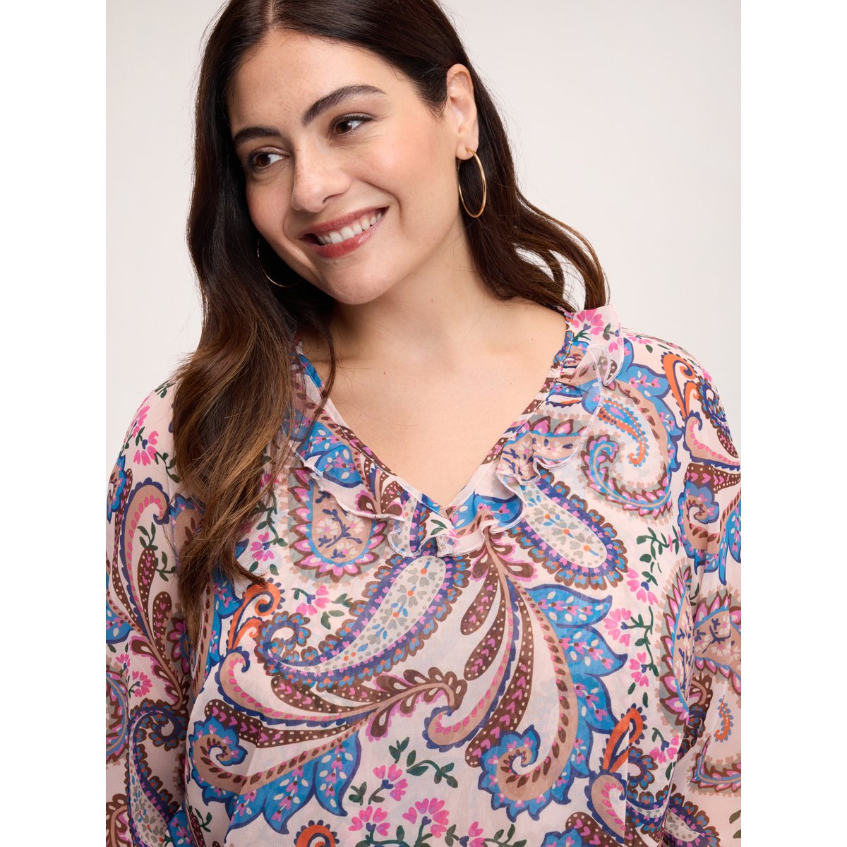 Blouse avec imprimé et volant beige, FIORELLA RUBINO