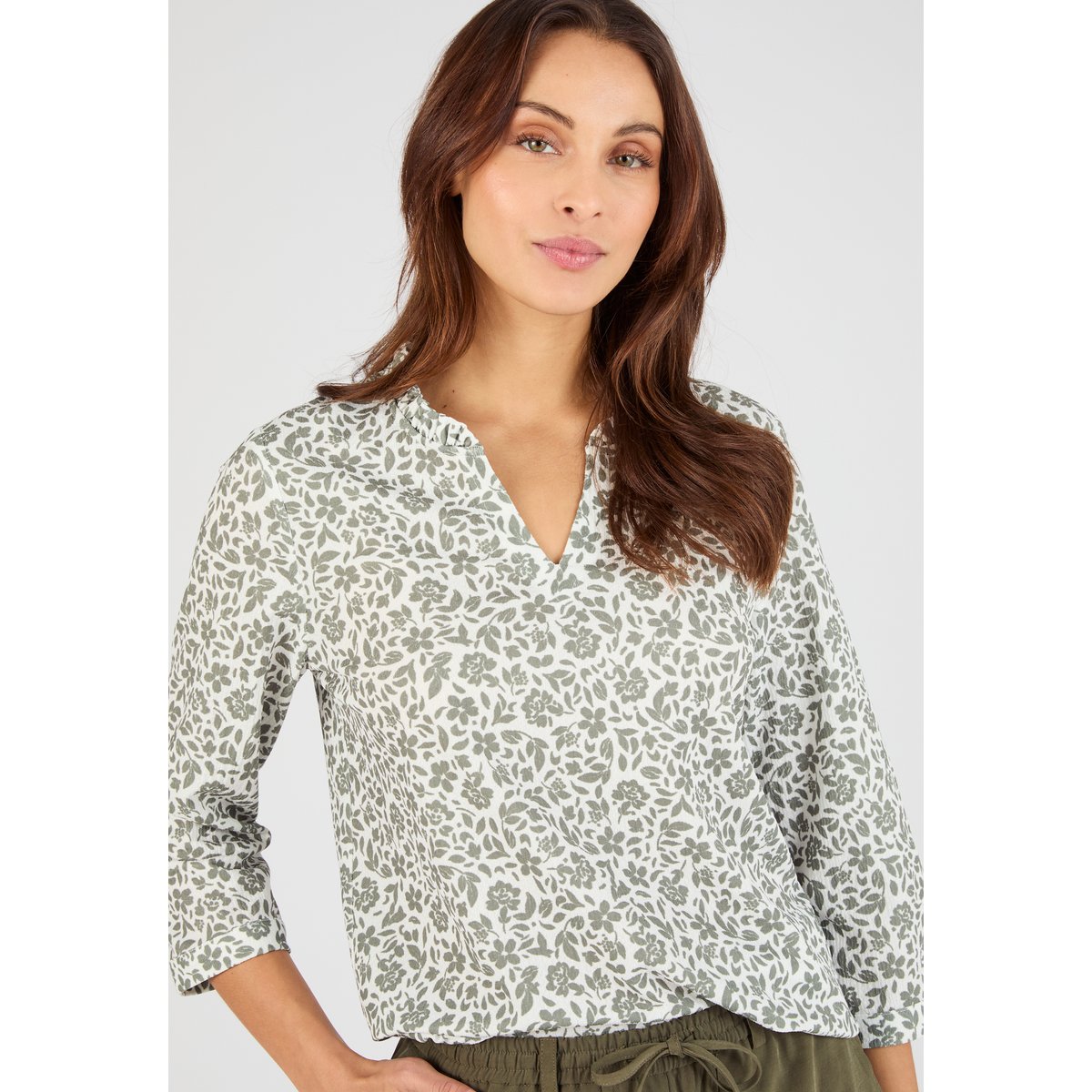 T-shirt maille texturée fleurie vert kaki petites fleurs, DAMART