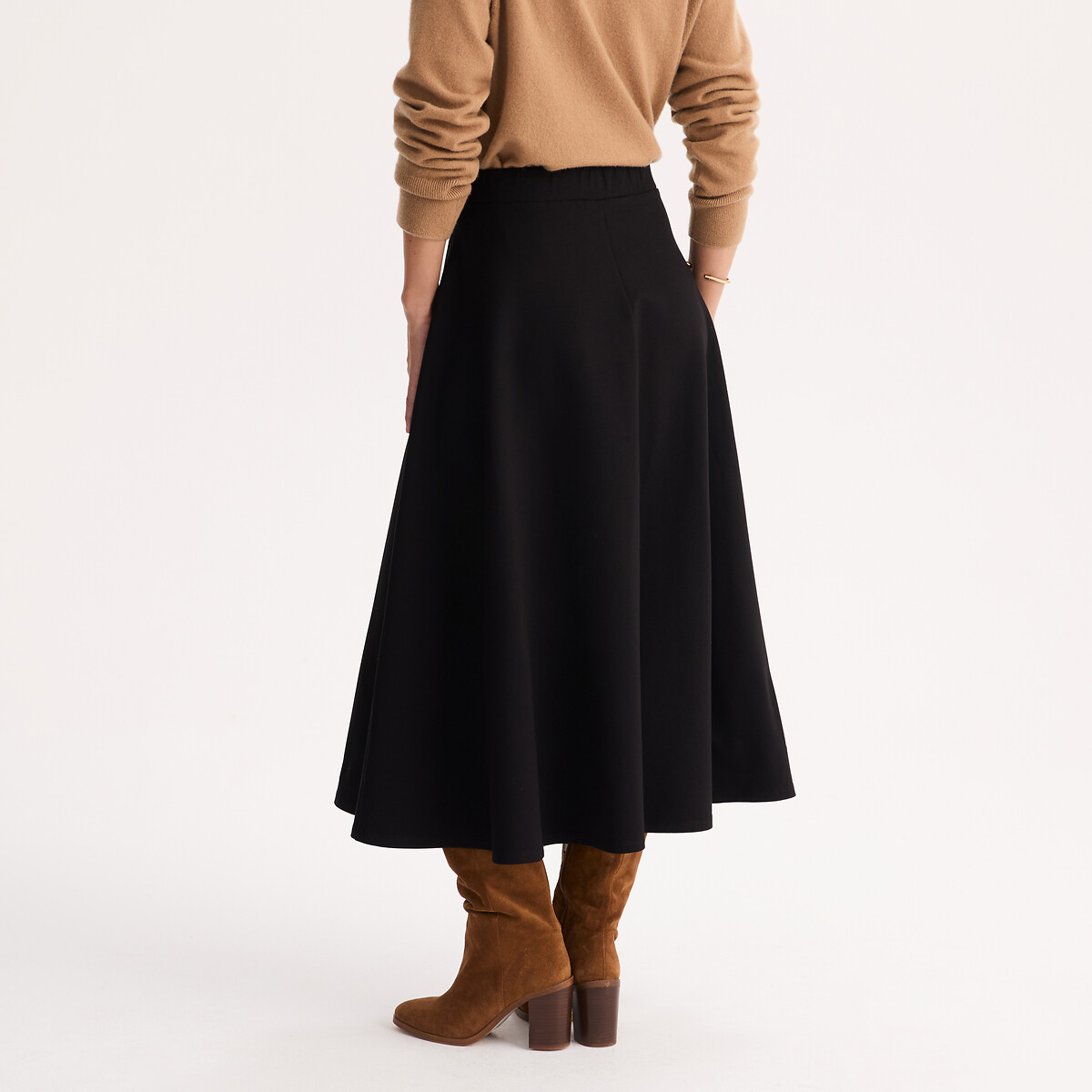 Jupe évasée en maille, longueur midi noir, ANNE WEYBURN