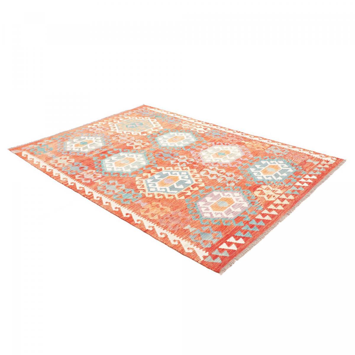 Tapis kilim, motif ethnique, tissage plat artisanal, KILIM 82 multicolore, bleu, orange, UN AMOUR DE TAPIS