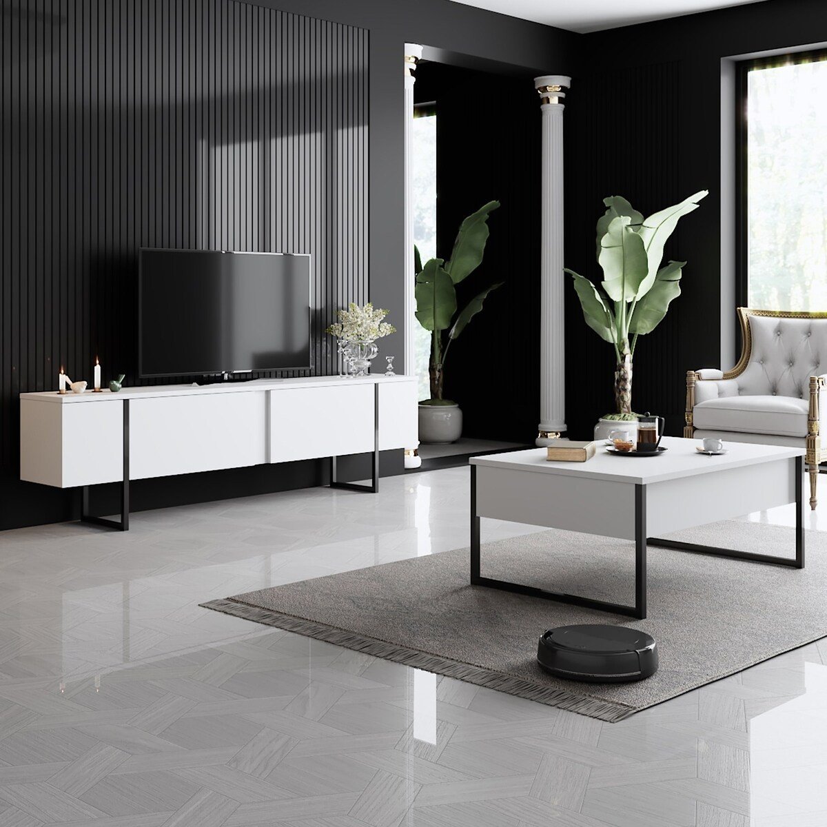 Meuble TV 2 portes rabattables L180 cm - LUXE blanc/ noir, CALICOSY