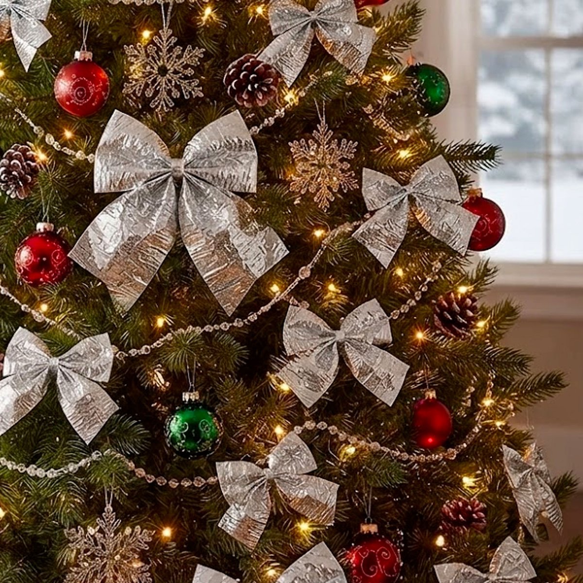 Set de 8 noeuds argentés pour décoration sapin de Noël 7.5cm argent, WADIGA