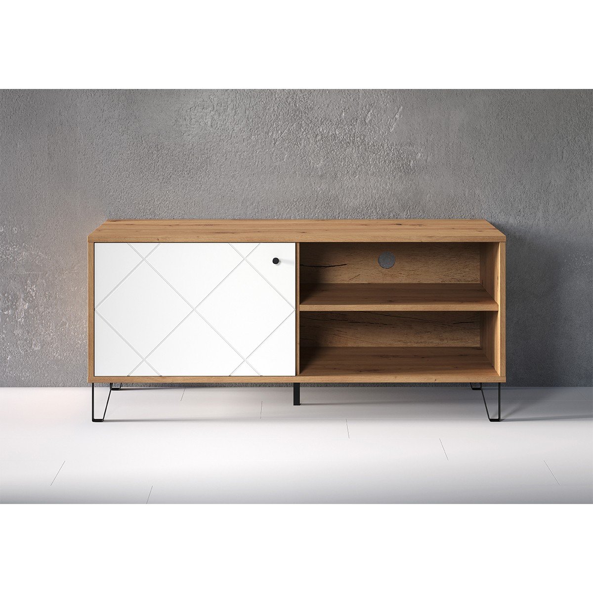 Meuble TV 1 porte et 2 niches L123 cm - Touch blanc, CALICOSY