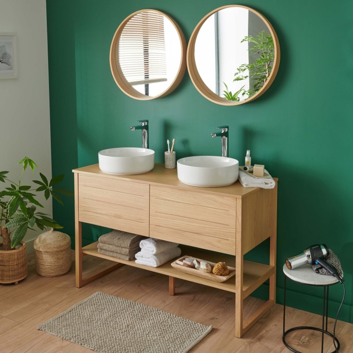 Double vasque 120cm chêne vasques rondes robinets miroir ATOLL couleur unique, MOB IN