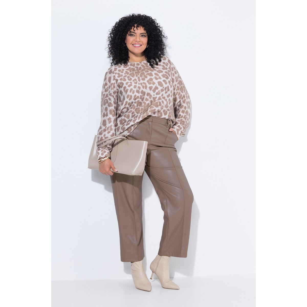 Pantalon aspect cuir, passepoils marron pâle, ULLA POPKEN